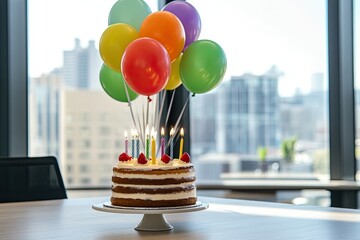 A birthday celebration in the office with balloons and a cake