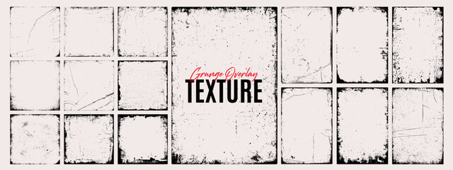 Abstract grunge overlay texture, damaged paper background, distressed photo cover, ink stamp, ripped frame, torn filter and retro banner silhouette set with paint brush stroke, dust, grain and splash.