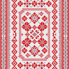Obraz premium Traditional Red and White Nordic Folk Pattern Embroidery Design with Geometric Snowflake Motifs