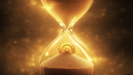 Hourglass with sand turning into gears symbolizes the value of time in advancing innovation and driving progress
