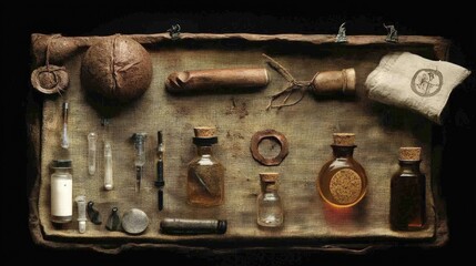 Antique Alchemist's Kit: Mysterious Collection of  Elixirs and Curios in a Vintage Wooden Tray