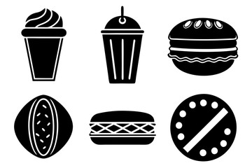 Black and White Food Icon set. Ice Cream, Drink, Macaron, Sandwich, Cookie. Vector Graphics