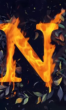 Fiery Letter N amidst Leafy Embers: A Digital Art Masterpiece