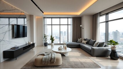 Fototapeta premium Modern living room with fireplace and stylish furniture