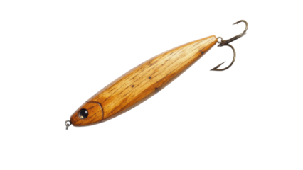 Wooden fishing lure with a natural finish on a black background.