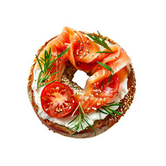A bagel topped with cream cheese, smoked salmon, fresh herbs, and tomato slices, Isolated on white background