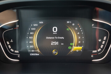 Closeup digital dashboard of mileage car