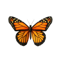 3D illustration of a monarch butterfly with its wings spread, showcasing vibrant orange and black patterns. Realistic and highly detailed style. Isolated on transparent background, png.