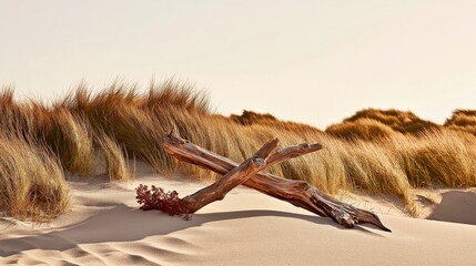 Driftwood rests on soft dunes with swaying grasses in a tranquil coastal landscape