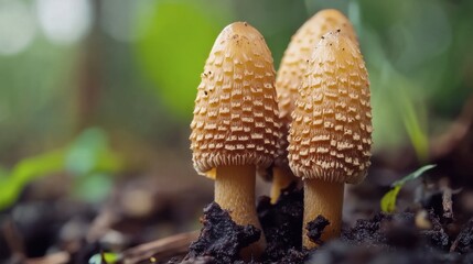 Three Spiky Mushrooms Growing on Forest Floor Surrounded by Greenery