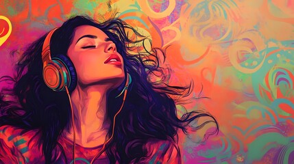 Woman Listening to Music Vibrant Colorful Art