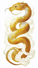 Fototapeta premium Golden Dragon or Golden Snake illustration design, minimalist, graphic design, clear scales, writhing body, white background, gold foil paper brush marks