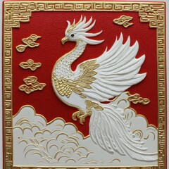 A decorative relief of a phoenix in white and gold against a red background, symbolizing rebirth and prosperity.