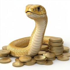 Fototapeta premium A golden snake coiled around stacks of coins, symbolizing wealth and fortune in a visually striking manner.