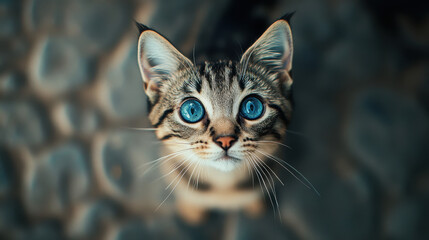 A close-up shot of an adorable cat with blue eyes, looking up at the camera inquisitively
