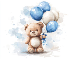 A cute teddy bear holds blue and white balloons in a watercolor style. The soft, playful design is ideal for baby boy birthday invitations or celebrations with a gentle theme.