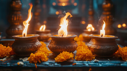 Burning oil lamps in clay pots adorned with marigolds and lotus flowers on a temple table. The glowing candles create a serene ambiance for religious celebrations or spiritual gatherings.