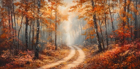 Fototapeta premium Scenic forest path with falling vibrant leaves in shades of red, orange, and yellow