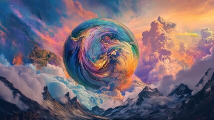 Surreal Dreamscape: A Colorful Orb Floating Above Majestic Mountains and Dreamlike Clouds