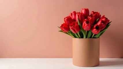 Red tulips are in a brown round box. space for text