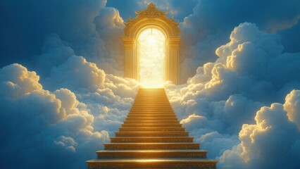 Golden staircase rises through the clouds, leading to a glowing doorway, symbolizing the journey toward success and endless opportunities