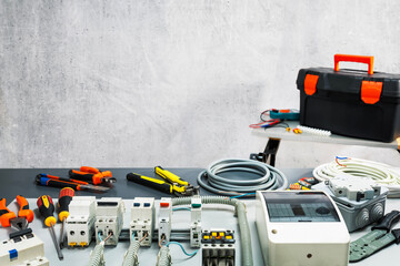 Electrical component, tools and equipment. Electrical background with copy space.