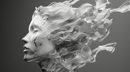 A transparent human head filled with swirling geometric shapes, symbolizing creativity and the mind.