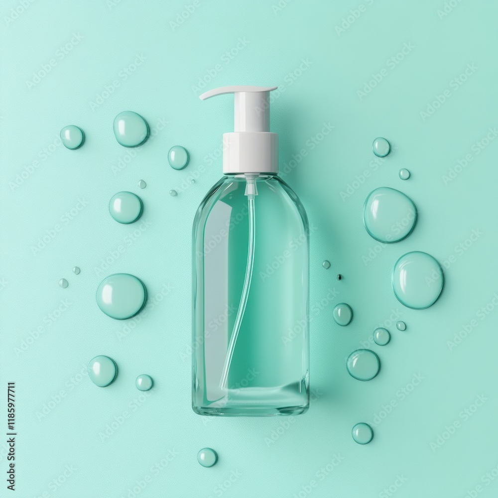 Poster sanitizer droplets effectively eliminating bacteria on a clean surface with a fresh mint background.
