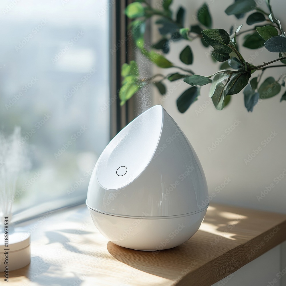 Aufkleber Droplets of sanitizer dispersing in sunlight from a modern diffuser near a window with plants. Generative AI