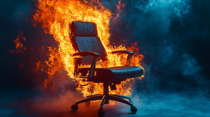 A black office chair engulfed in flames, creating a dramatic and surreal atmosphere.