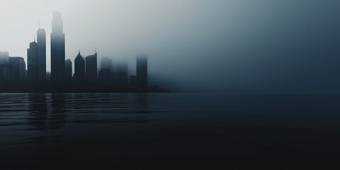 Misty city skyline enveloped in tranquil blue fog at dawn