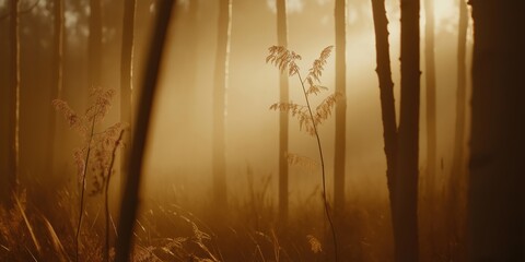 Obraz premium Enchanted birch forest with wildflowers illuminated by sunlight and shrouded in magical fog