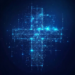 Obraz premium Digital representation of a glowing cross with interconnected nodes and lines in dark background