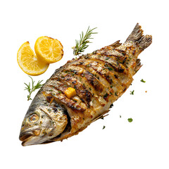 Grilled Fish with Lemon Slice Isolated on Transparent Background