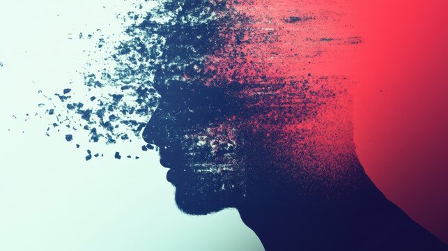 Digital transformation of man’s silhouette amid vibrant abstract disintegration