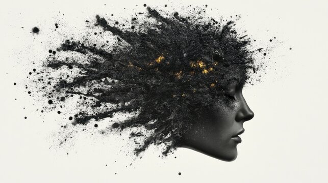 Abstract woman silhouette with exploding black powder effect