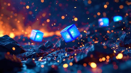 Three blue cubes are on a rocky surface