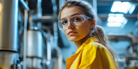 Fototapeta premium A focused young woman in a yellow lab coat. She wears safety goggles in an industrial setting. This image highlights dedication in a scientific environment. AI