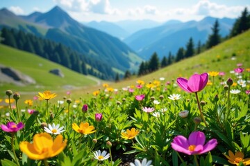 Obraz premium Colorful wildflowers thrive in a mountain meadow during the warm summer months, landscape, blooming