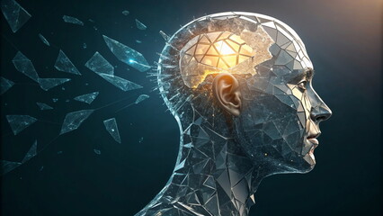 Obraz premium Shattered human head with glowing brain against dark background