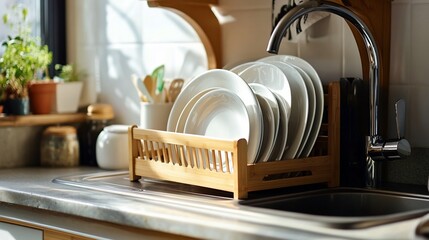 Sunlit kitchen scene with clean dishes drying in a bamboo rack next to a sink.