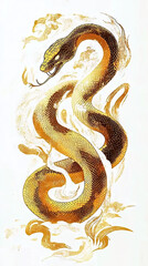Fototapeta premium Golden Dragon or Golden Snake illustration design, minimalist, graphic design, clear scales, writhing body, white background, gold foil paper brush marks
