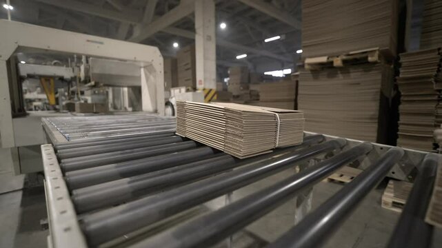 Machine delivers stacks of cardboard sheets to packing area. Conveyor moves finished products using parts speeding up transportation process