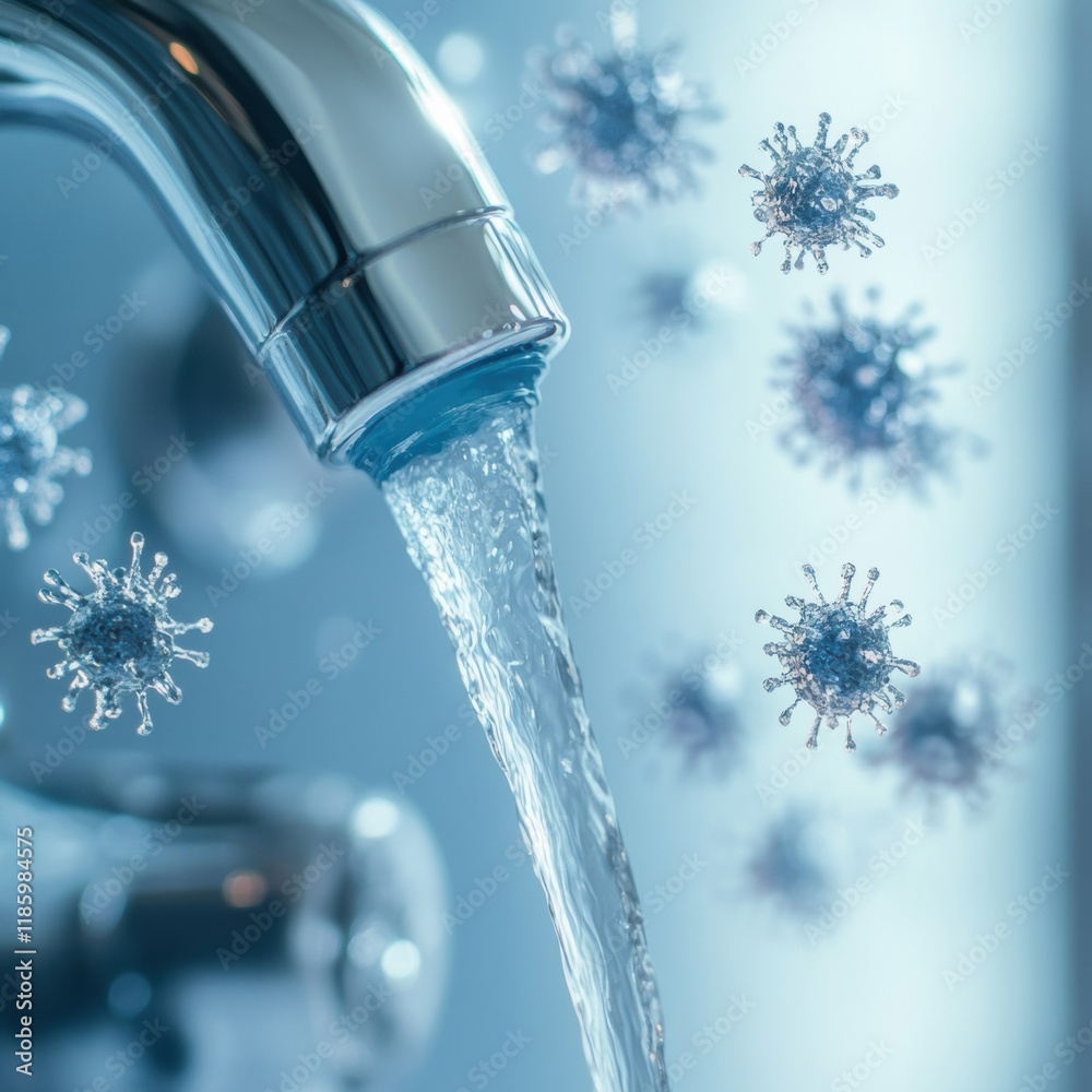 Poster Sanitizer droplets actively combating bacteria near a faucet during a clean home routine. Generative AI