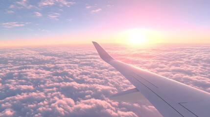 Obraz premium Serene Aerial View of Airplane Wing Glowing in Sunset Sky