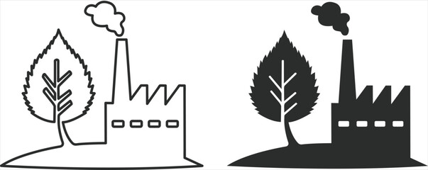 Naklejka premium Factory or plant with a tree-like leaf, logo of environmental pollution and CO2 emissions into the atmosphere, dark gray icon and in the form of a silhouette.