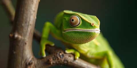 Close-up of a bright green chameleon on a branch, vibrant studio lighting, sharp details, and 8K clarity with empty space