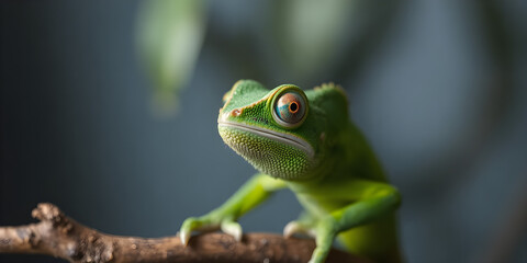 Obraz premium Close-up of a bright green chameleon on a branch, vibrant studio lighting, sharp details, and 8K clarity with empty space