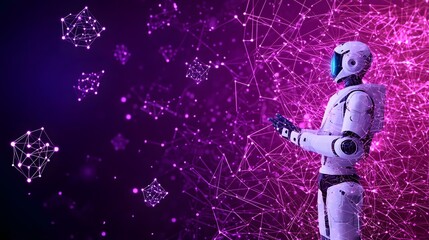 Fototapeta premium Cognitive Robot Surrounded by Futuristic Neural Network Shapes