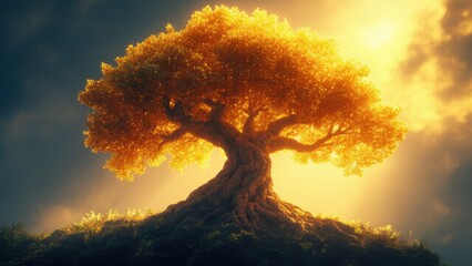 Radiant tree with glowing leaves and strong roots symbolizes health, strength, and longevity in a serene, golden-lit landscape that exudes vitality and harmony